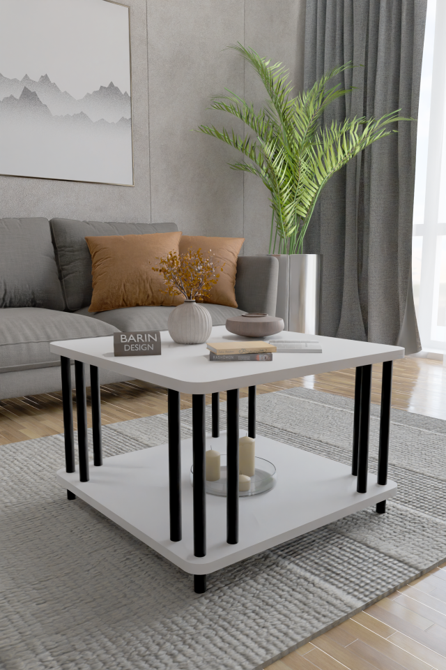 Modern Kare Orta Sehpa Çift Katlı Siyah Metal Ayaklı Salon, Ofis, Dekoratif Masa BEYAZ