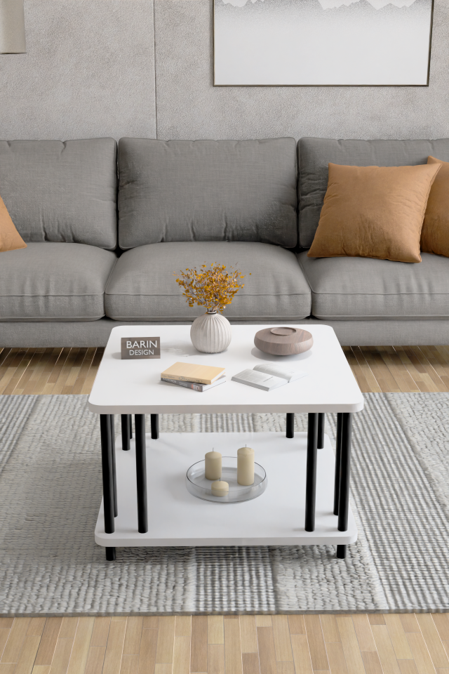 Modern Kare Orta Sehpa Çift Katlı Siyah Metal Ayaklı Salon, Ofis, Dekoratif Masa BEYAZ