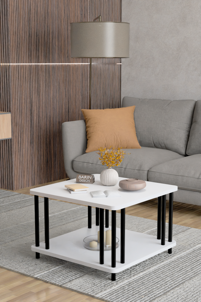 Modern Kare Orta Sehpa Çift Katlı Siyah Metal Ayaklı Salon, Ofis, Dekoratif Masa BEYAZ