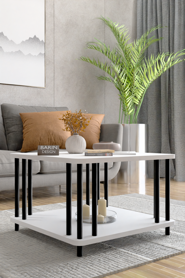 Modern Kare Orta Sehpa Çift Katlı Siyah Metal Ayaklı Salon, Ofis, Dekoratif Masa BEYAZ