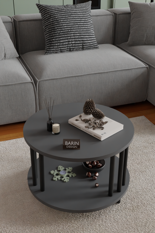 Modern Yuvarlak Orta Sehpa Çift Katlı Siyah Metal Ayaklı Salon, Ofis, Dekoratif Masa ANTRASİT