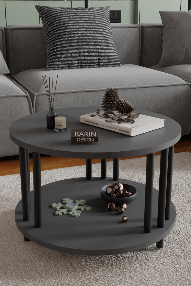 Modern Yuvarlak Orta Sehpa Çift Katlı Siyah Metal Ayaklı Salon, Ofis, Dekoratif Masa ANTRASİT