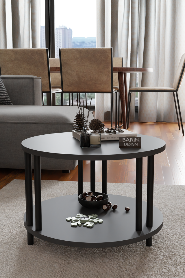 Modern Yuvarlak Orta Sehpa Çift Katlı Siyah Metal Ayaklı Salon, Ofis, Dekoratif Masa ANTRASİT