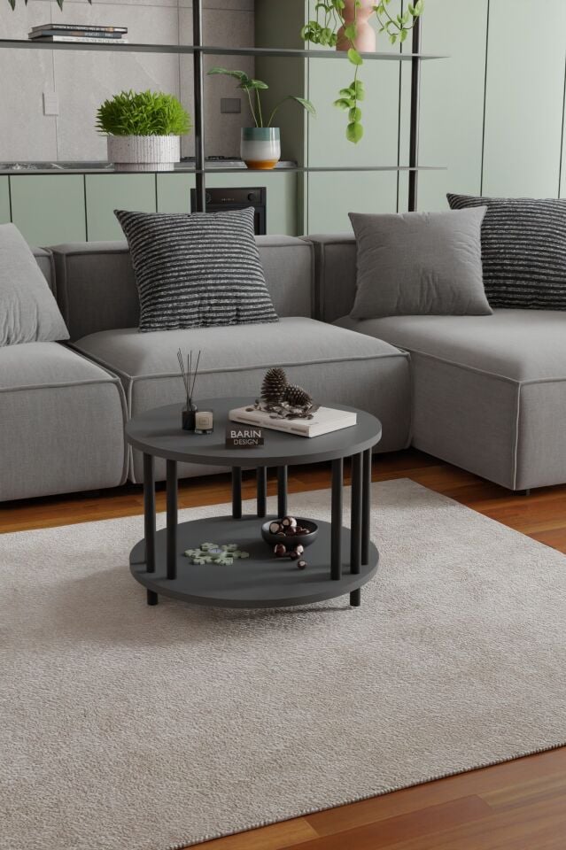 Modern Yuvarlak Orta Sehpa Çift Katlı Siyah Metal Ayaklı Salon, Ofis, Dekoratif Masa ANTRASİT