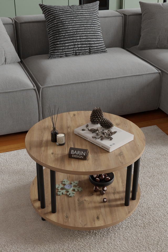 Modern Yuvarlak Orta Sehpa Çift Katlı Siyah Metal Ayaklı Salon, Ofis, Dekoratif Masa ATLANTİK ÇAM