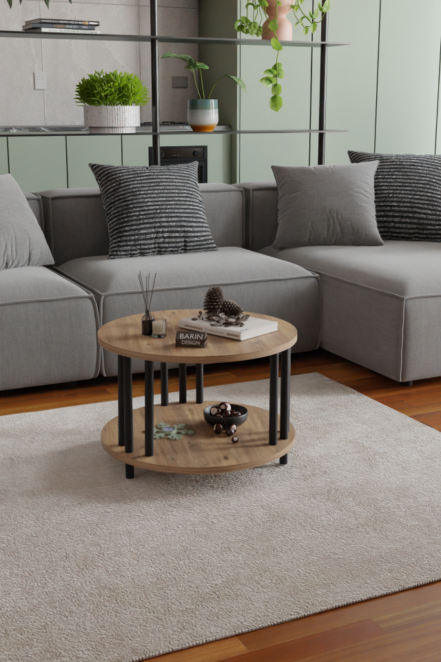 Modern Yuvarlak Orta Sehpa Çift Katlı Siyah Metal Ayaklı Salon, Ofis, Dekoratif Masa ATLANTİK ÇAM