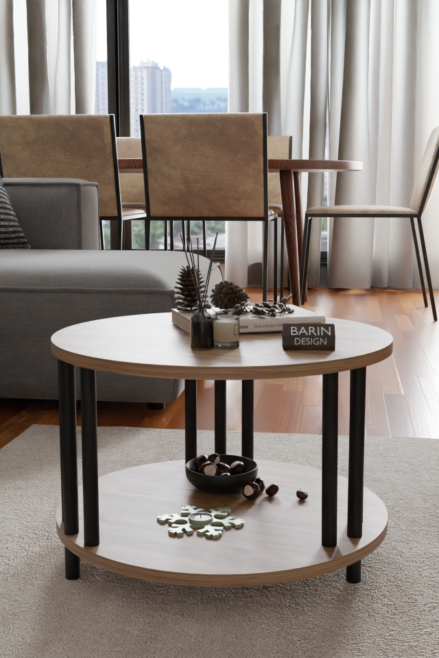 Modern Yuvarlak Orta Sehpa Çift Katlı Siyah Metal Ayaklı Salon, Ofis, Dekoratif Masa ATLANTİK ÇAM