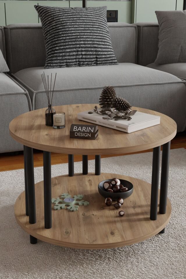 Modern Yuvarlak Orta Sehpa Çift Katlı Siyah Metal Ayaklı Salon, Ofis, Dekoratif Masa ATLANTİK ÇAM