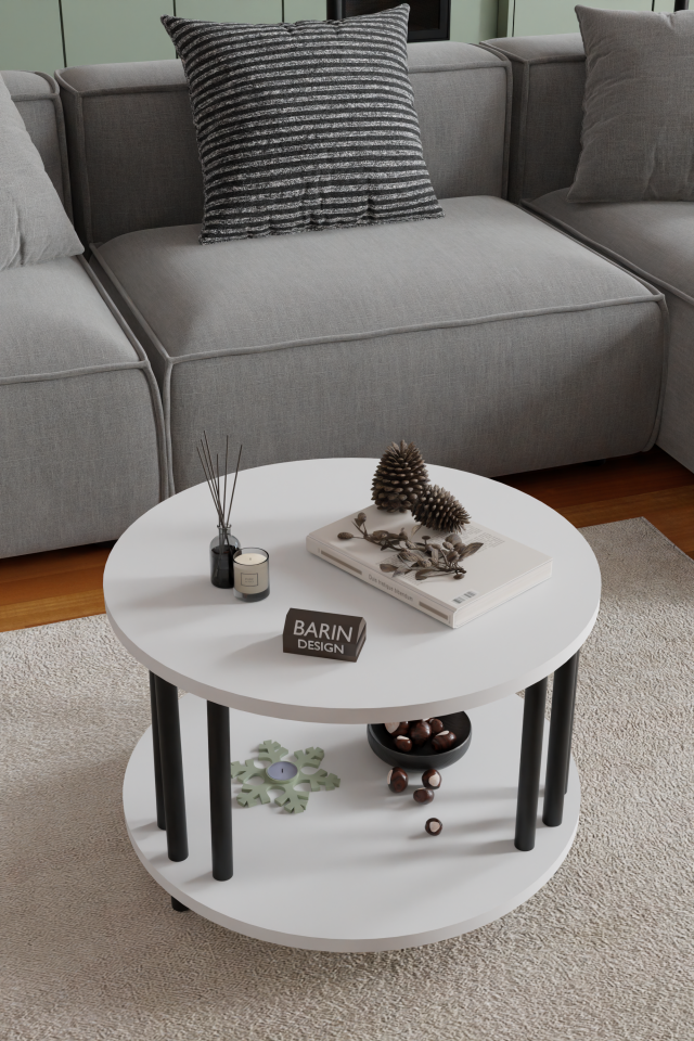 Modern Yuvarlak Orta Sehpa Çift Katlı Siyah Metal Ayaklı Salon, Ofis, Dekoratif Masa BEYAZ