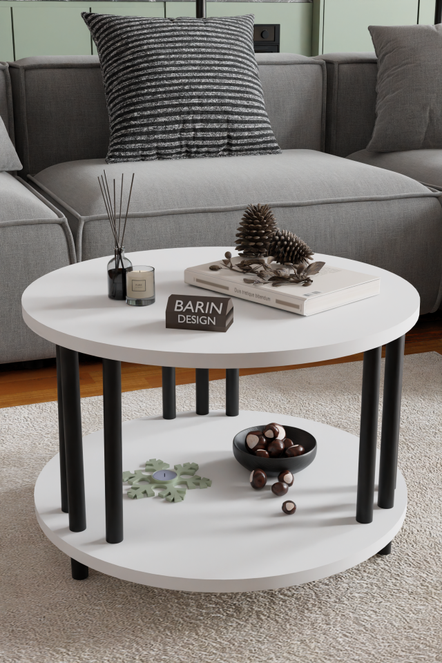 Modern Yuvarlak Orta Sehpa Çift Katlı Siyah Metal Ayaklı Salon, Ofis, Dekoratif Masa BEYAZ