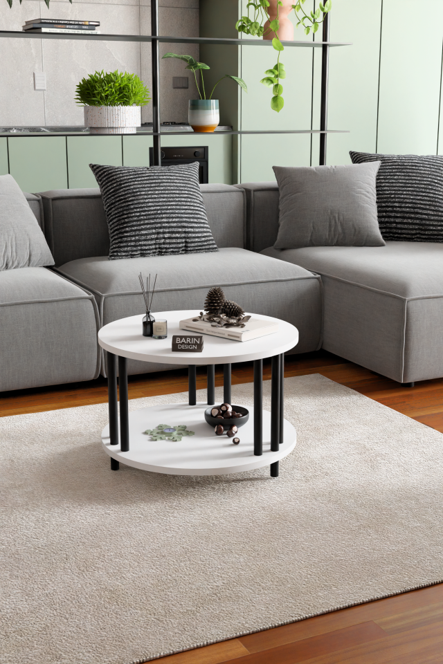 Modern Yuvarlak Orta Sehpa Çift Katlı Siyah Metal Ayaklı Salon, Ofis, Dekoratif Masa BEYAZ