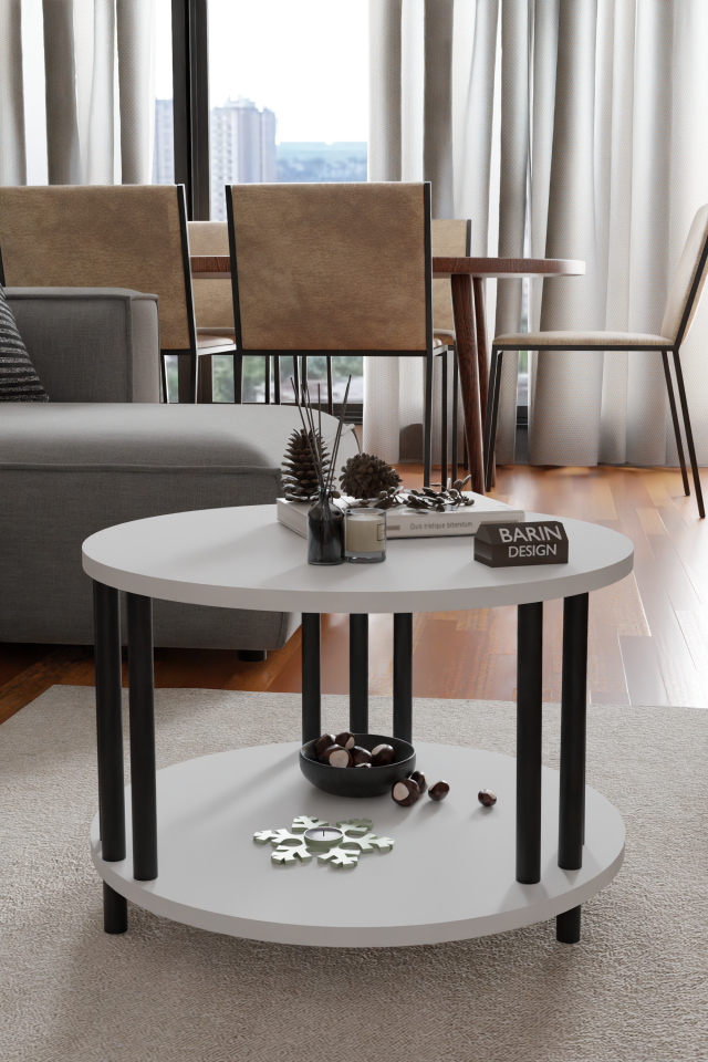 Modern Yuvarlak Orta Sehpa Çift Katlı Siyah Metal Ayaklı Salon, Ofis, Dekoratif Masa BEYAZ