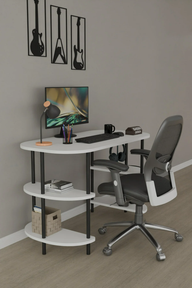 120 CM Çalışma Masası Bilgisayar Masası 2 Raflı Kitaplık Ofis Ders Masası Ahşap Metal Ayaklı Beyaz