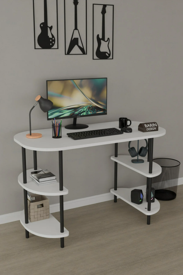 120 CM Çalışma Masası Bilgisayar Masası 2 Raflı Kitaplık Ofis Ders Masası Ahşap Metal Ayaklı Beyaz