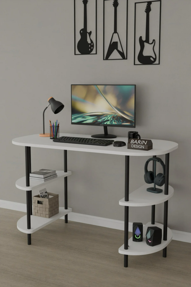 120 CM Çalışma Masası Bilgisayar Masası 2 Raflı Kitaplık Ofis Ders Masası Ahşap Metal Ayaklı Beyaz