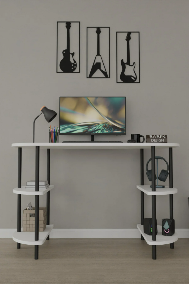 120 CM Çalışma Masası Bilgisayar Masası 2 Raflı Kitaplık Ofis Ders Masası Ahşap Metal Ayaklı Beyaz