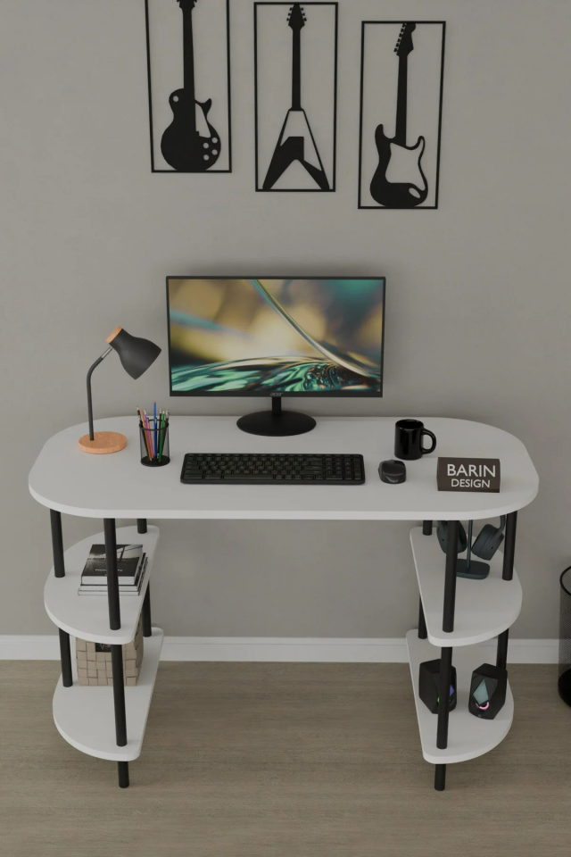 120 CM Çalışma Masası Bilgisayar Masası 2 Raflı Kitaplık Ofis Ders Masası Ahşap Metal Ayaklı Beyaz