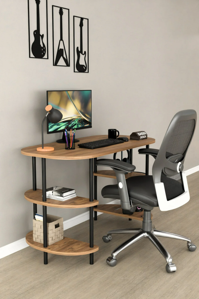 120 CM Çalışma Masası Bilgisayar Masası 2 Raflı Kitaplık Ofis Ders Masası Ahşap Metal Ayaklı Atlantik Çam