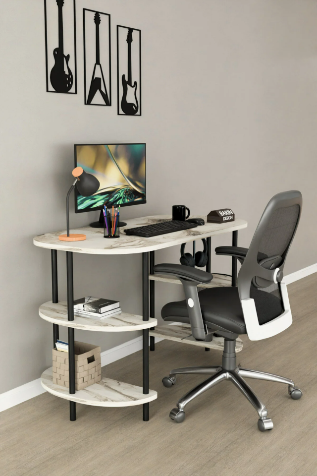 120 CM Çalışma Masası Bilgisayar Masası 2 Raflı Kitaplık Ofis Ders Masası Ahşap Metal Ayaklı Beyaz Mermer