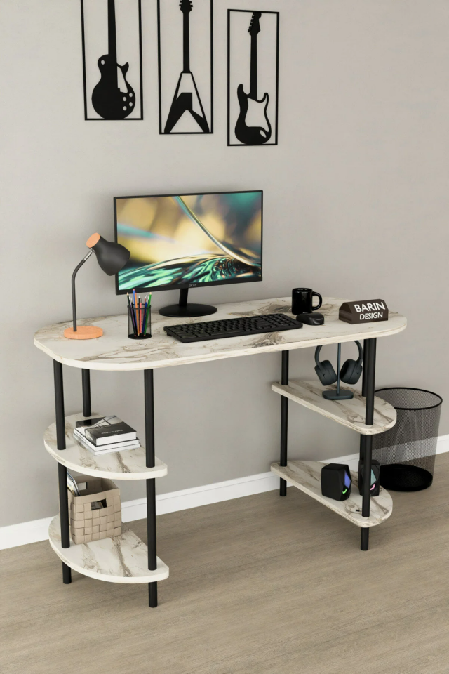 120 CM Çalışma Masası Bilgisayar Masası 2 Raflı Kitaplık Ofis Ders Masası Ahşap Metal Ayaklı Beyaz Mermer