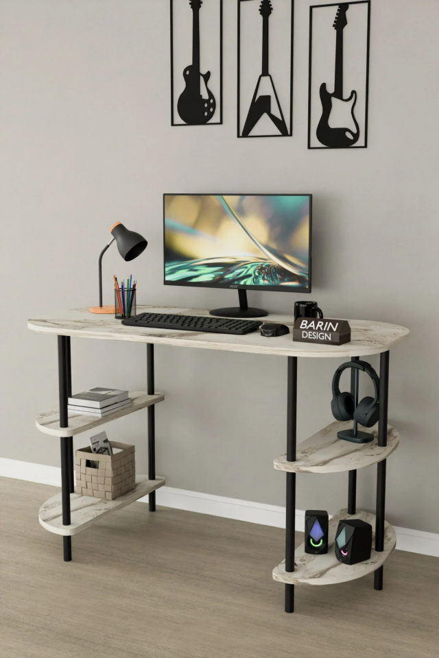 120 CM Çalışma Masası Bilgisayar Masası 2 Raflı Kitaplık Ofis Ders Masası Ahşap Metal Ayaklı Beyaz Mermer