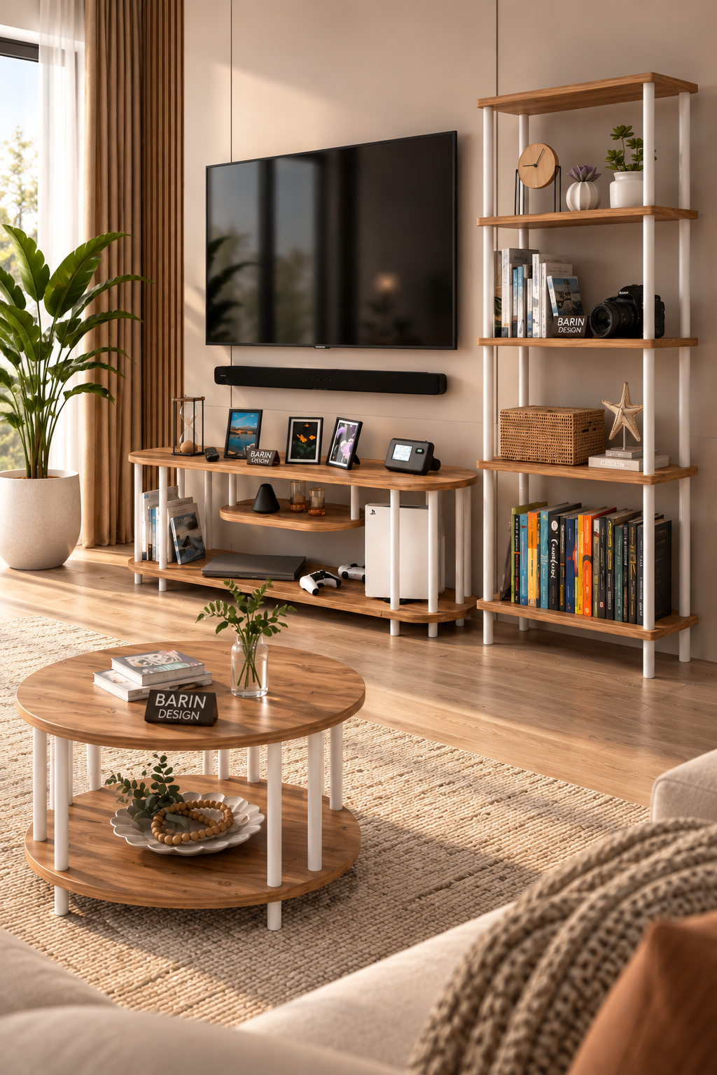 Barın Design Salon Oturma Odası Takımı Metal Ayaklı Tv Ünitesi Kitaplık Orta Sehpa Avantajlı Mobilya Seti