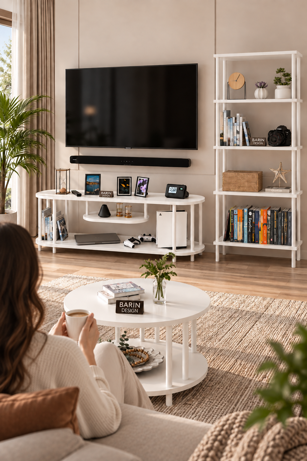 Barın Design Salon Oturma Odası Takımı Metal Ayaklı Tv Ünitesi Kitaplık Orta Sehpa Avantajlı Mobilya Seti Beyaz