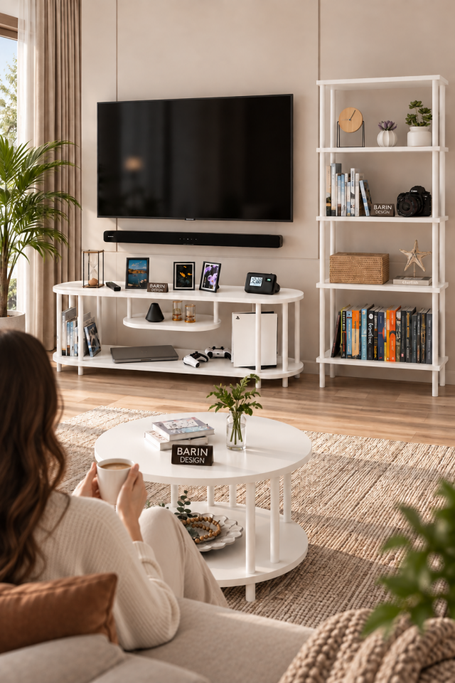 Salon Oturma Odası Takımı Metal Ayaklı Tv Ünitesi Kitaplık Orta Sehpa Avantajlı Mobilya Seti Beyaz