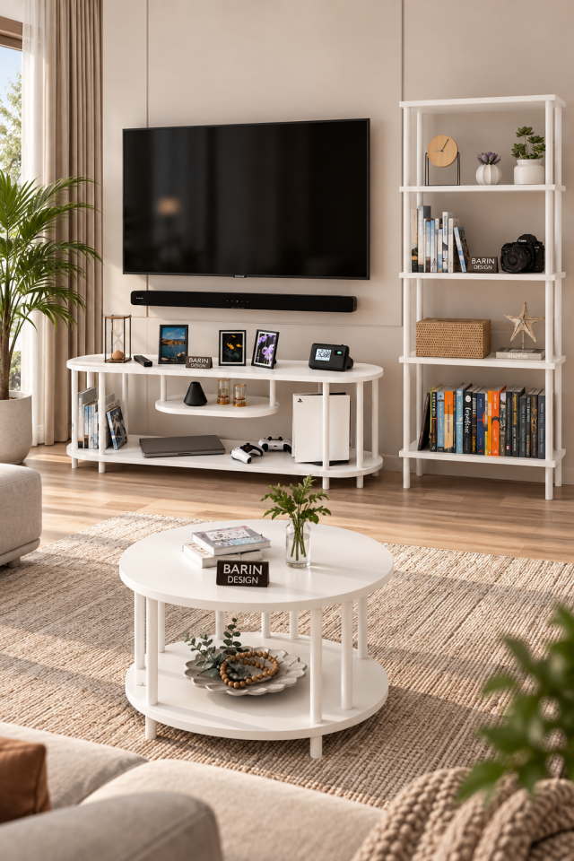 Salon Oturma Odası Takımı Metal Ayaklı Tv Ünitesi Kitaplık Orta Sehpa Avantajlı Mobilya Seti Beyaz