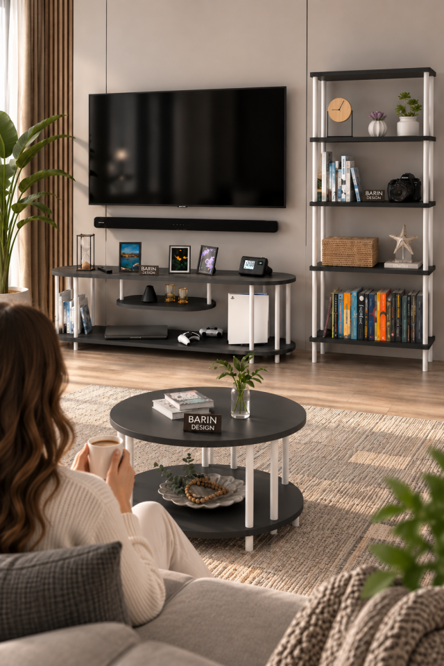 Salon Oturma Odası Takımı Metal Ayaklı Tv Ünitesi Kitaplık Orta Sehpa Avantajlı Mobilya Seti Antrasit