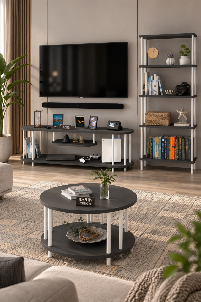 Barın Design Salon Oturma Odası Takımı Metal Ayaklı Tv Ünitesi Kitaplık Orta Sehpa Avantajlı Mobilya Seti Antrasit