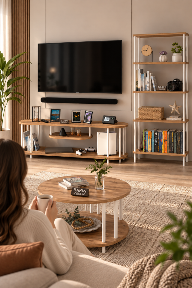 Salon Oturma Odası Takımı Metal Ayaklı Tv Ünitesi Kitaplık Orta Sehpa Avantajlı Mobilya Seti Atlantik Çam