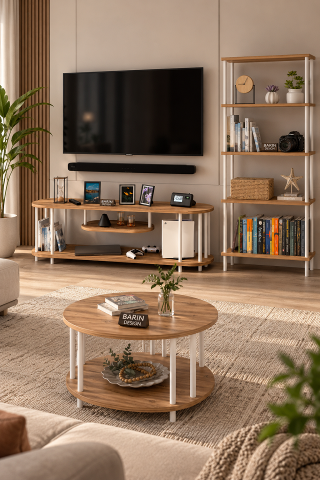 Salon Oturma Odası Takımı Metal Ayaklı Tv Ünitesi Kitaplık Orta Sehpa Avantajlı Mobilya Seti Atlantik Çam