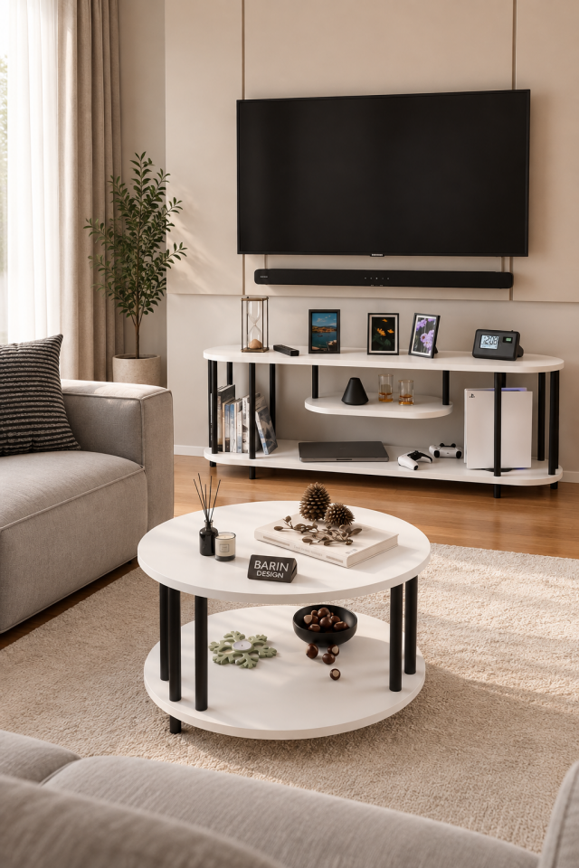 Salon Oturma Odası Takımı Metal Ayaklı Tv Ünitesi Orta Sehpa Avantajlı Mobilya Seti Beyaz