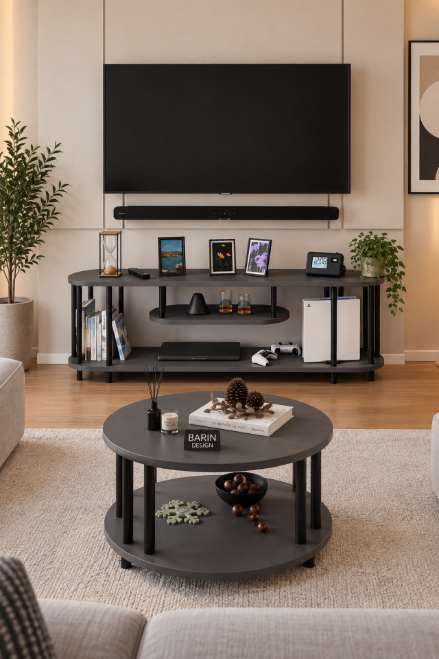 Salon Oturma Odası Takımı Metal Ayaklı Tv Ünitesi Orta Sehpa Avantajlı Mobilya Seti Antrasit