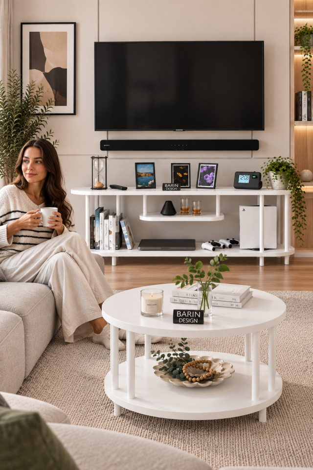 Salon Oturma Odası Takımı Metal Ayaklı Tv Ünitesi Orta Sehpa Avantajlı Mobilya Seti Beyaz