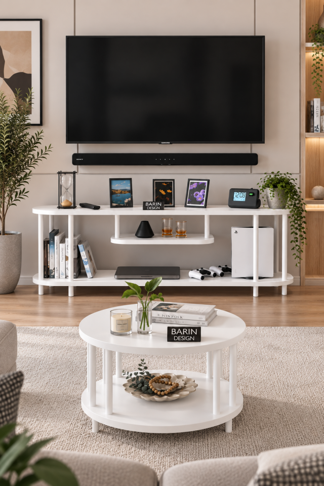 Salon Oturma Odası Takımı Metal Ayaklı Tv Ünitesi Orta Sehpa Avantajlı Mobilya Seti Beyaz