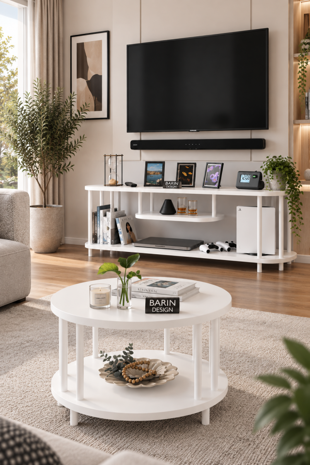 Salon Oturma Odası Takımı Metal Ayaklı Tv Ünitesi Orta Sehpa Avantajlı Mobilya Seti Beyaz
