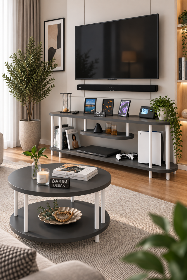 Salon Oturma Odası Takımı Metal Ayaklı Tv Ünitesi Orta Sehpa Avantajlı Mobilya Seti Antrasit