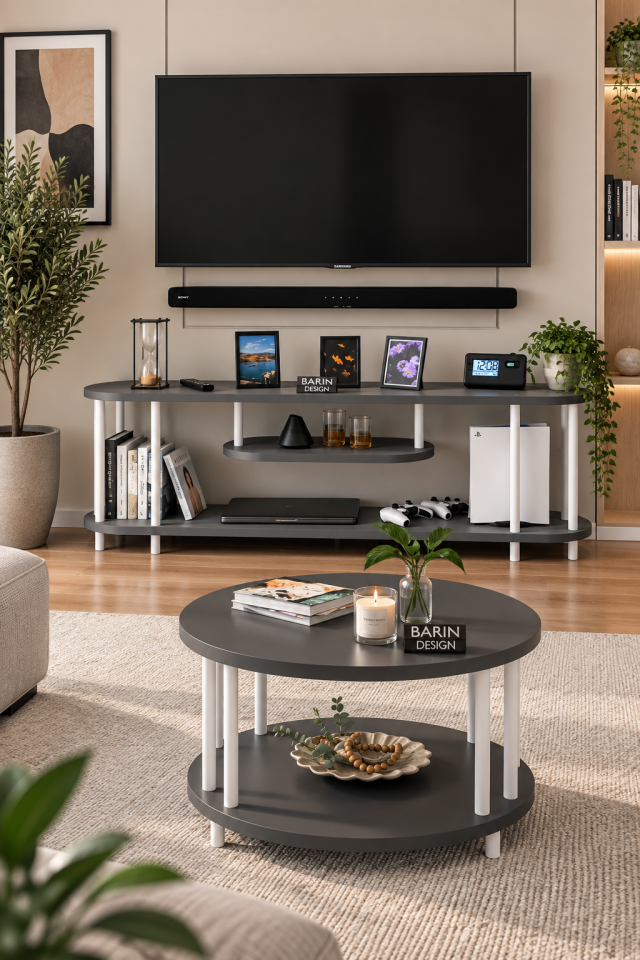 Salon Oturma Odası Takımı Metal Ayaklı Tv Ünitesi Orta Sehpa Avantajlı Mobilya Seti Antrasit