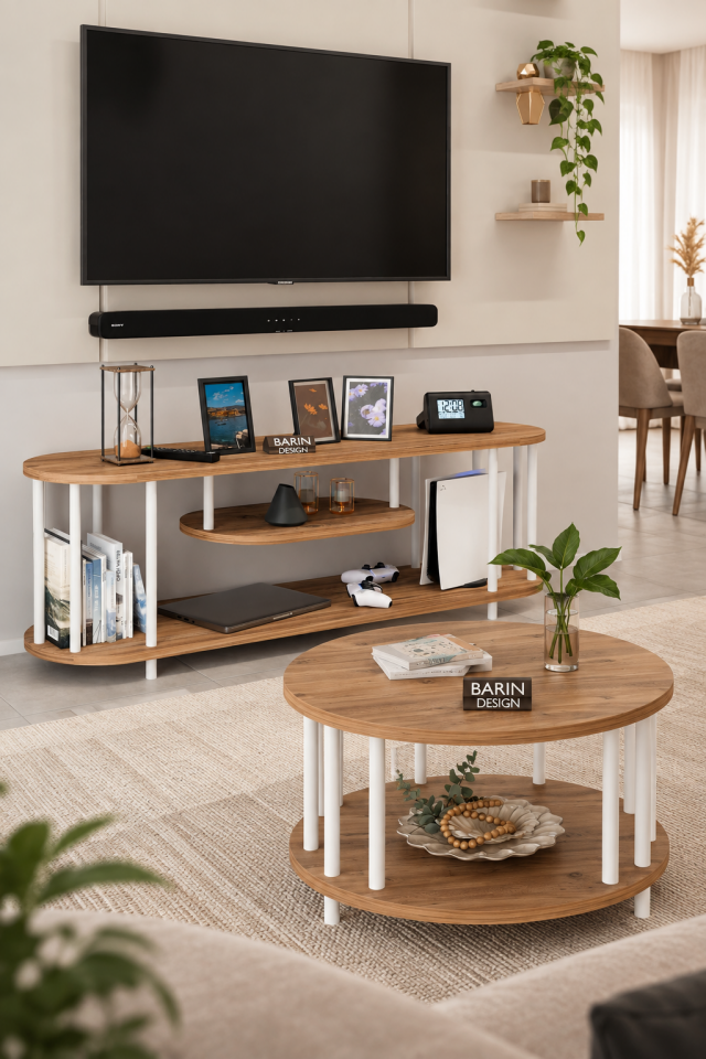 Salon Oturma Odası Takımı Metal Ayaklı Tv Ünitesi Orta Sehpa Avantajlı Mobilya Seti Atlantik Çam