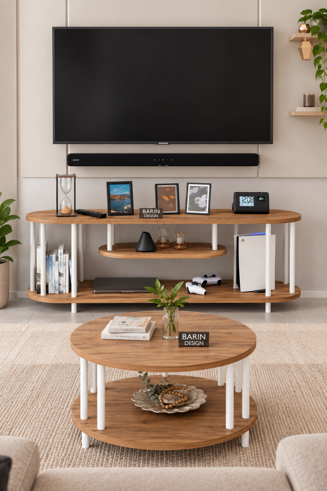 Salon Oturma Odası Takımı Metal Ayaklı Tv Ünitesi Orta Sehpa Avantajlı Mobilya Seti Atlantik Çam